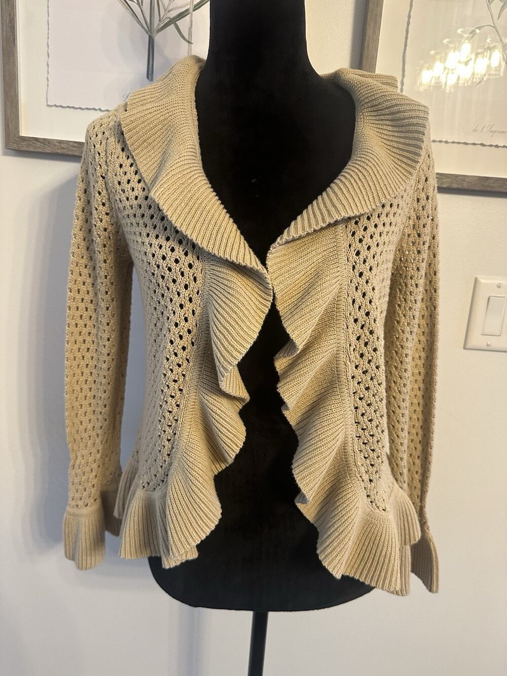 Vintage y2k Crochet Ruffle Cardigan Beige Sweater Fairycore Boho Hippie Medium